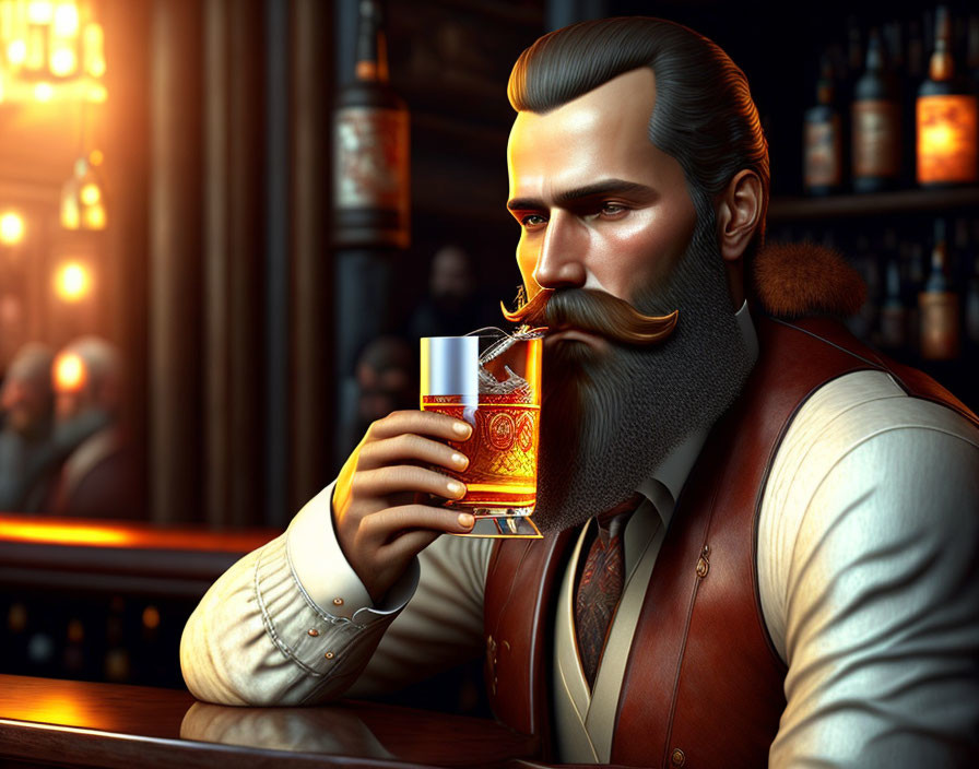 Sophisticated man with mustache in vintage bar holding whiskey