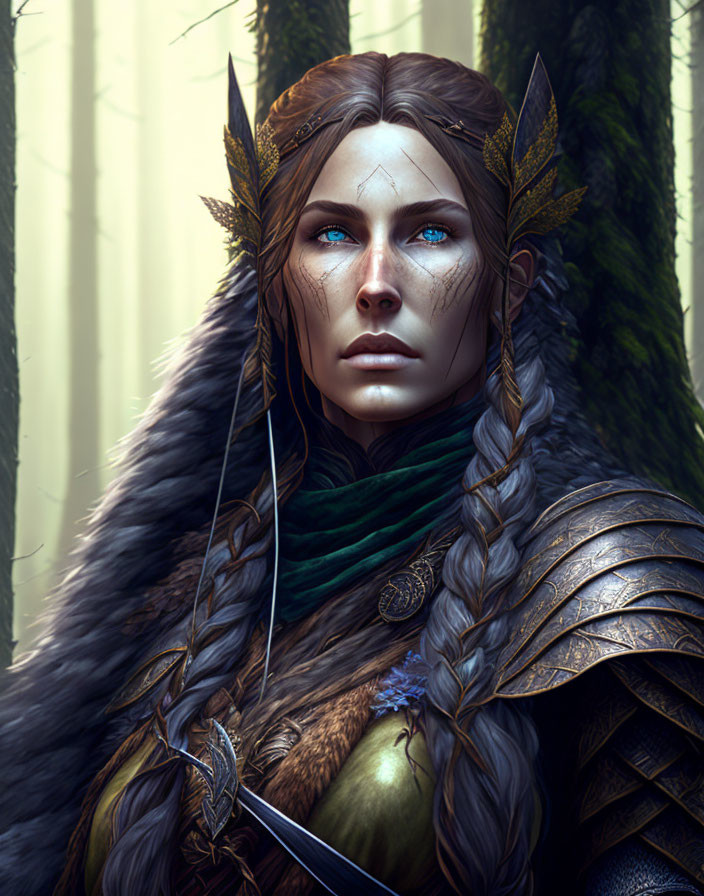 Fantasy portrait of an elf woman with leaf ear adornments and armor in ethereal forest.