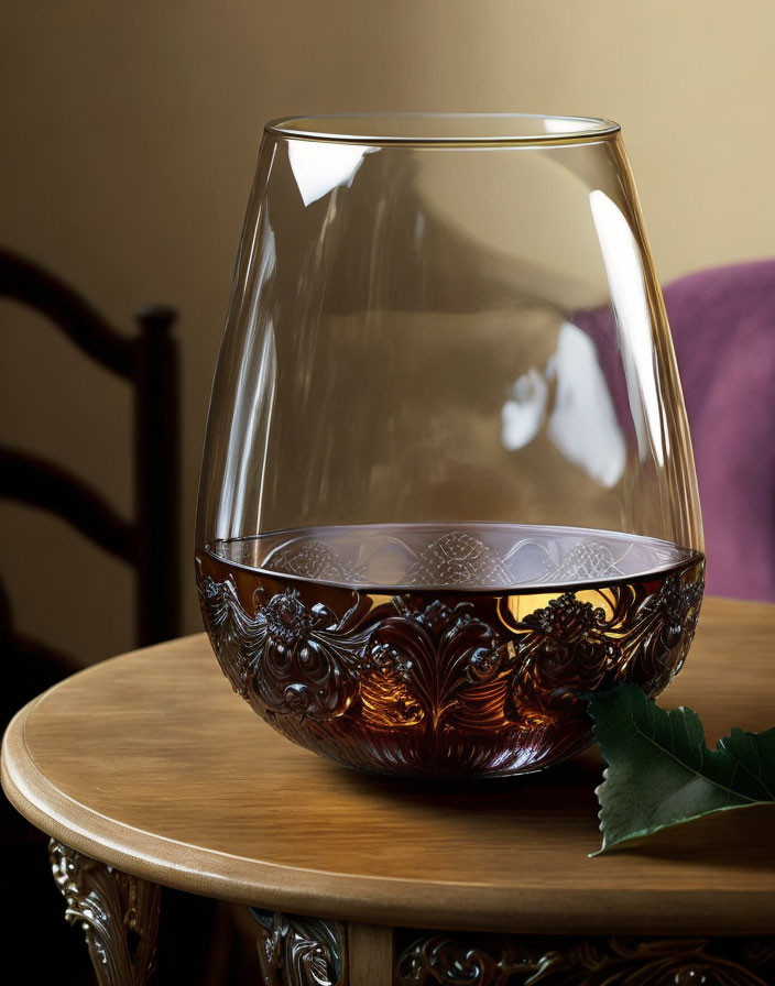 Intricate Ornate Cognac Glass on Wooden Side Table