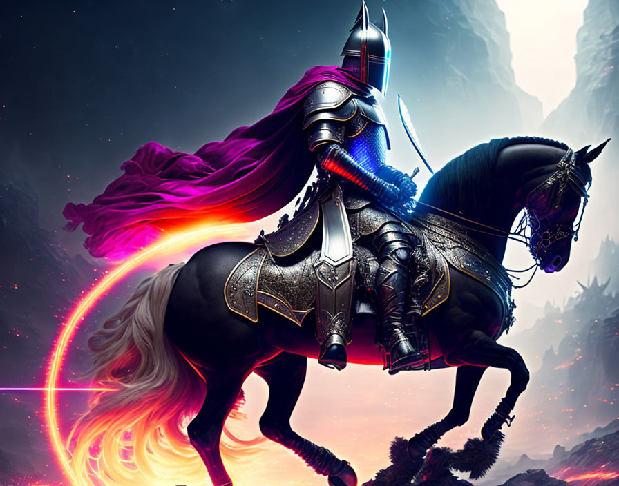 Knight on Black Horse Amid Fantastical Pinkish Landscape