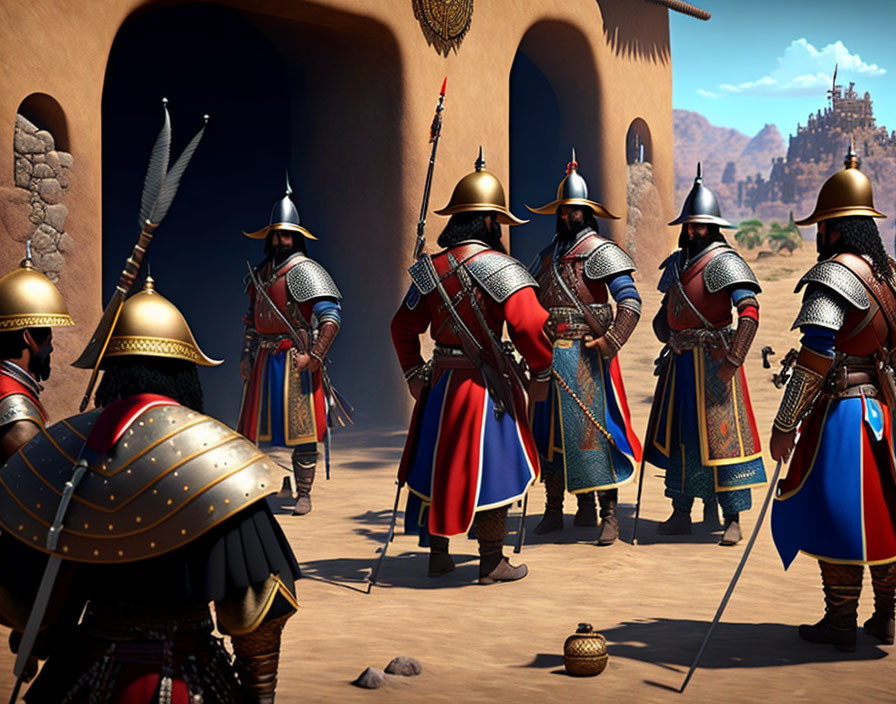 Historical soldiers in armor with spears and shields near desert architecture