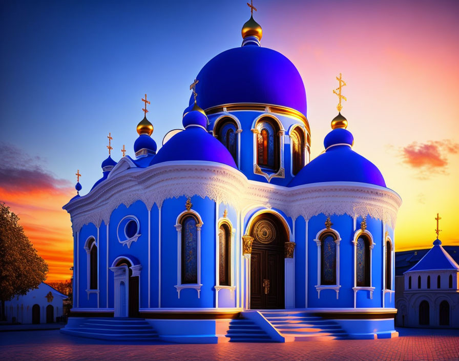 Vibrant blue orthodox church with golden domes at sunset