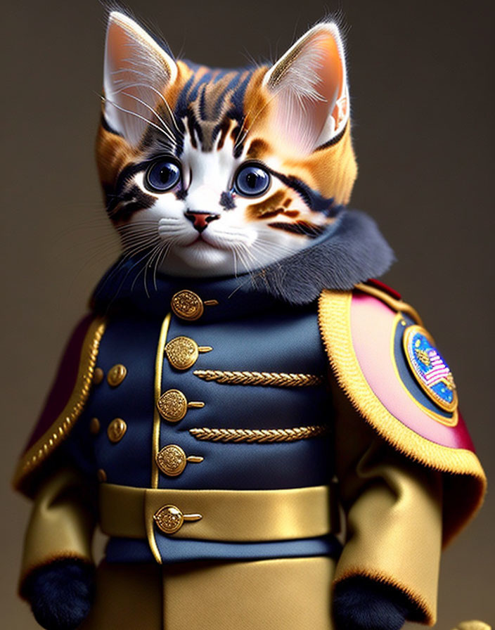 Digital Artwork: Cat with Human-Like Features in Blue & Gold Military Uniform