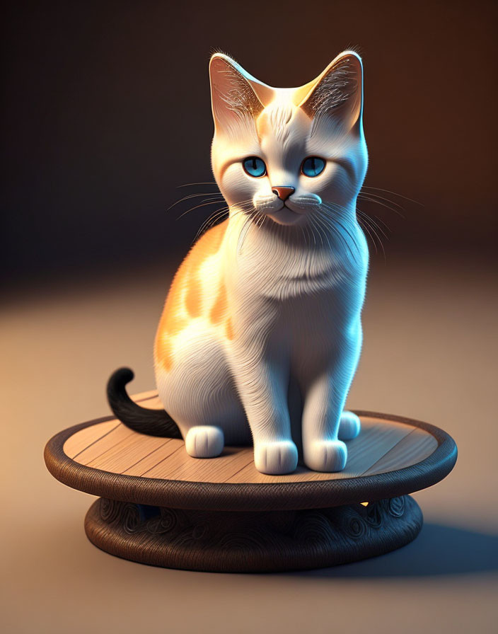 White and Orange Cat Digital Illustration on Carved Wooden Pedestal