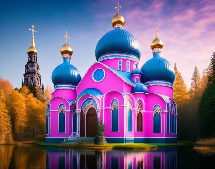 Colorful church with blue domes and gold crosses in autumn forest by serene lake