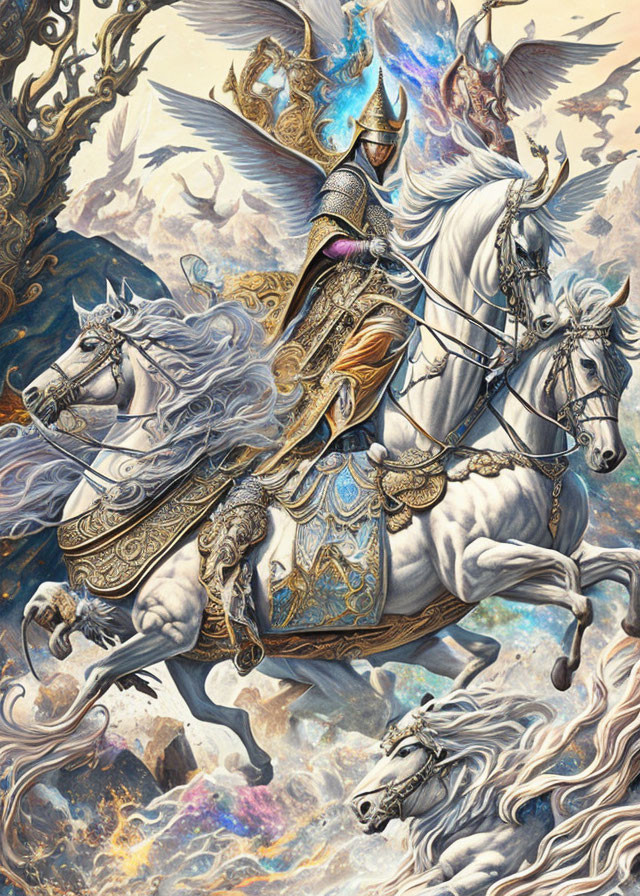 Armored knight on white horse with ethereal companions.