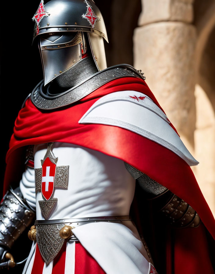 Medieval knight in shining armor with red and white cape and cross emblem in stone archway