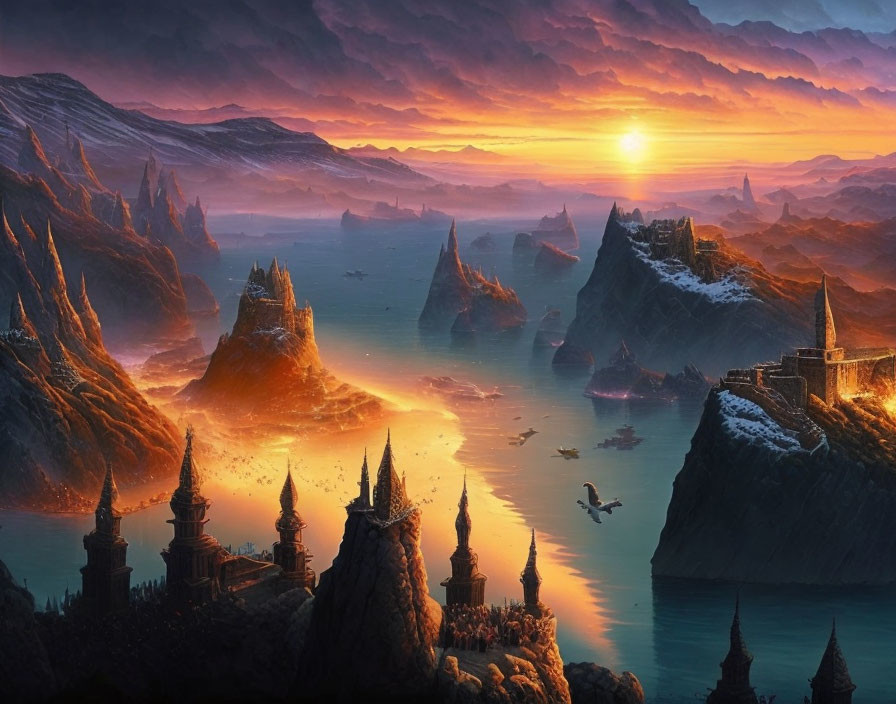 Fantasy landscape at sunset with spires, castles, waters, boats, and soaring eagle