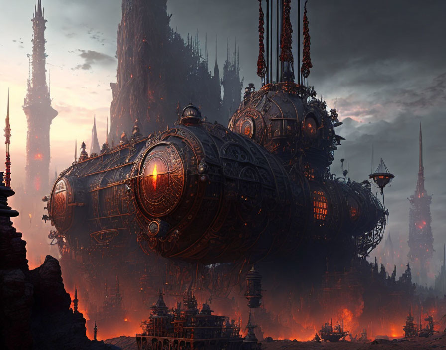 Steampunk-style airship near towering spires in dystopian industrial landscape