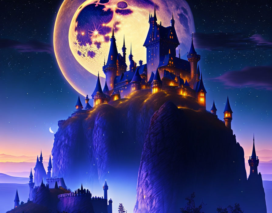 Majestic castle on cliff under starry sky with large moon