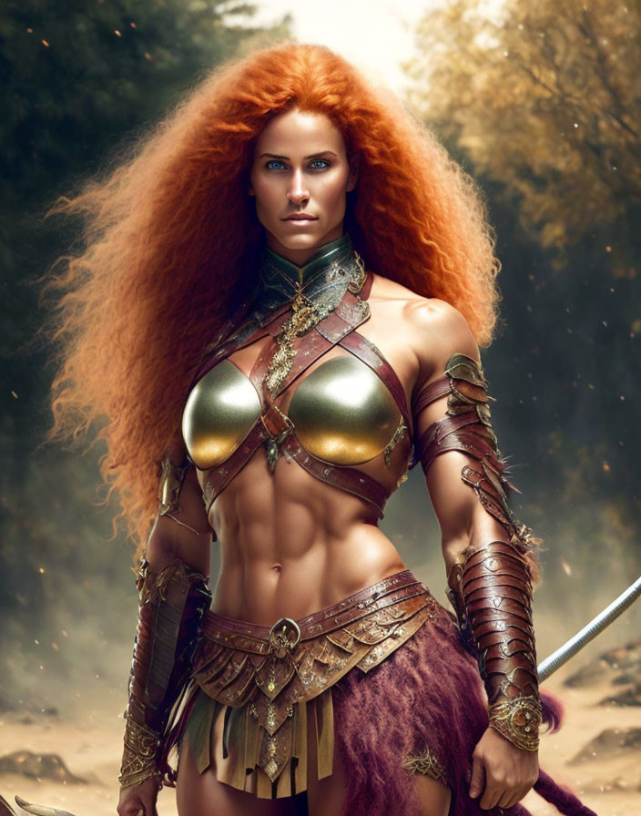 Red-haired woman in golden armor wields sword in mystical forest