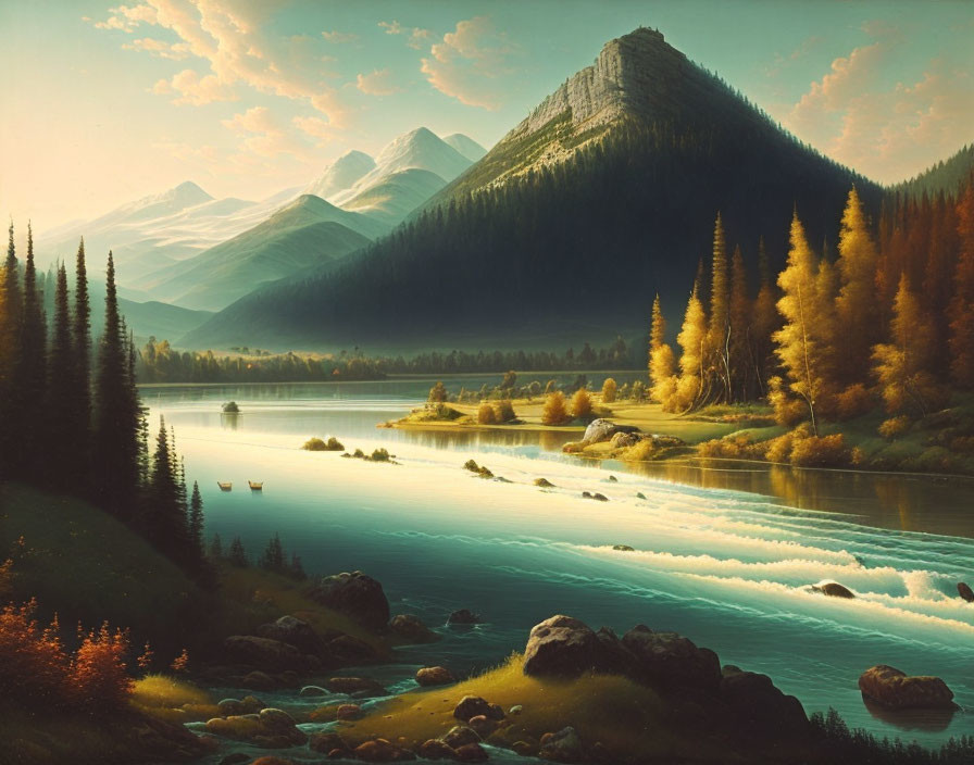 Tranquil autumn river landscape with mountains and trees