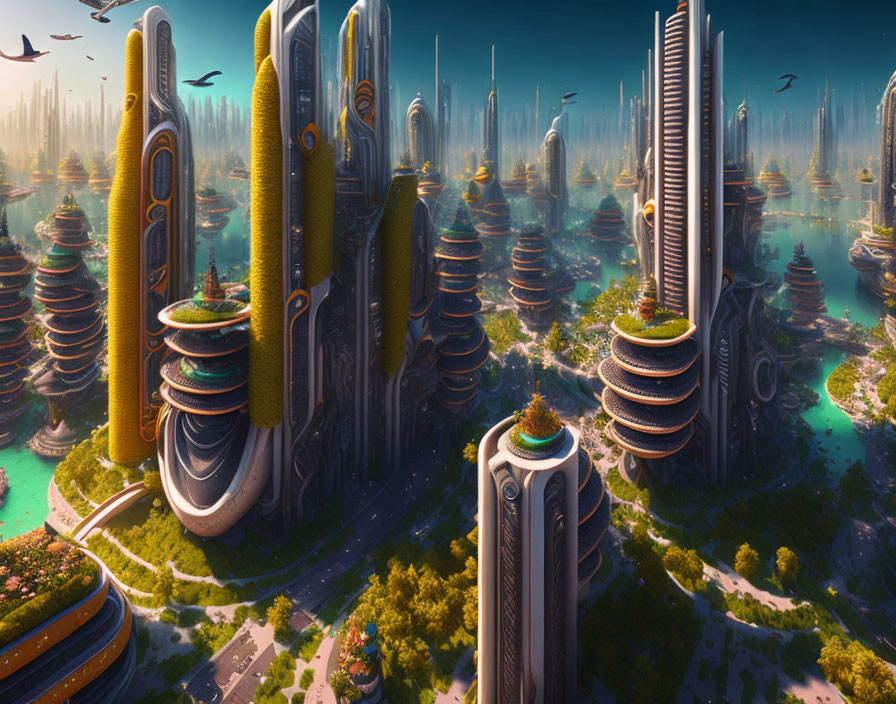 Futuristic cityscape with skyscrapers, greenery, and flying vehicles