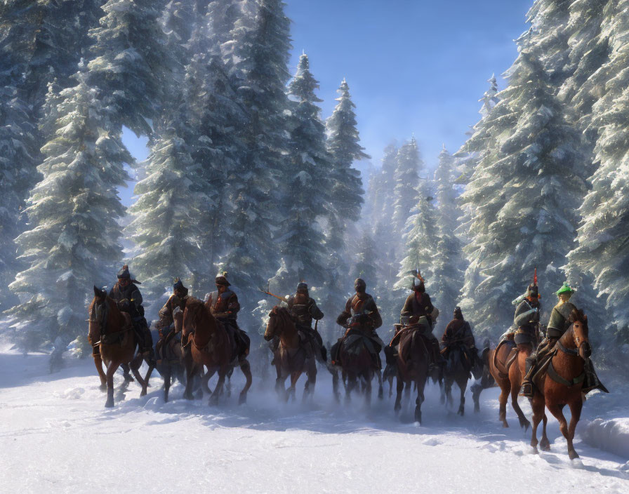 Group of horseback riders in snowy forest under clear blue sky