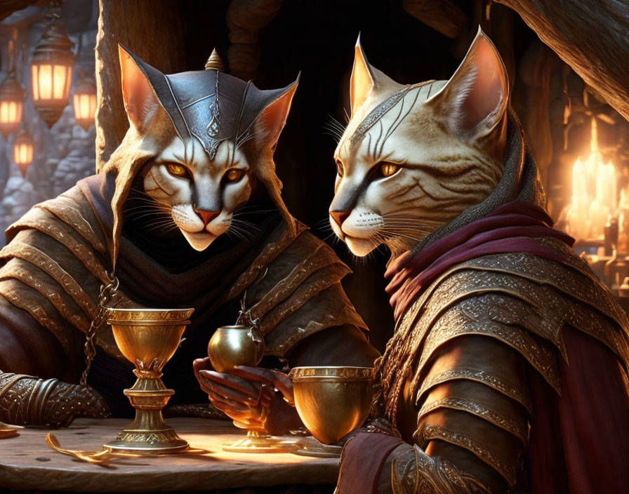 Anthropomorphic cats in medieval attire with goblet and apple by candlelight