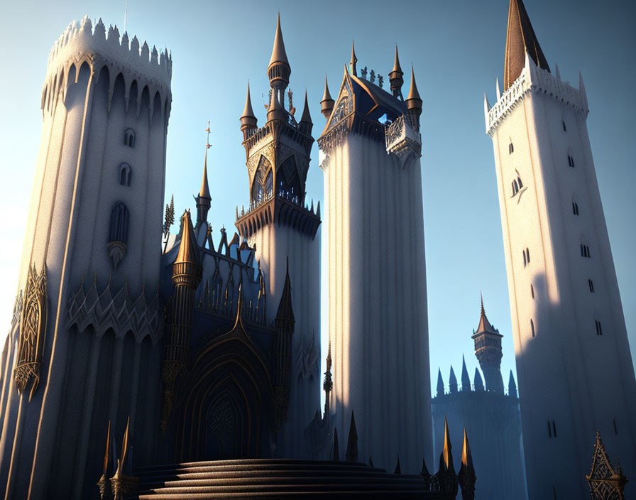 Fantasy castle digital art with gothic architecture at dusk