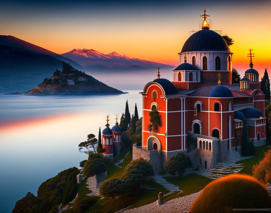 Orthodox church at dusk overlooking lake and mountains