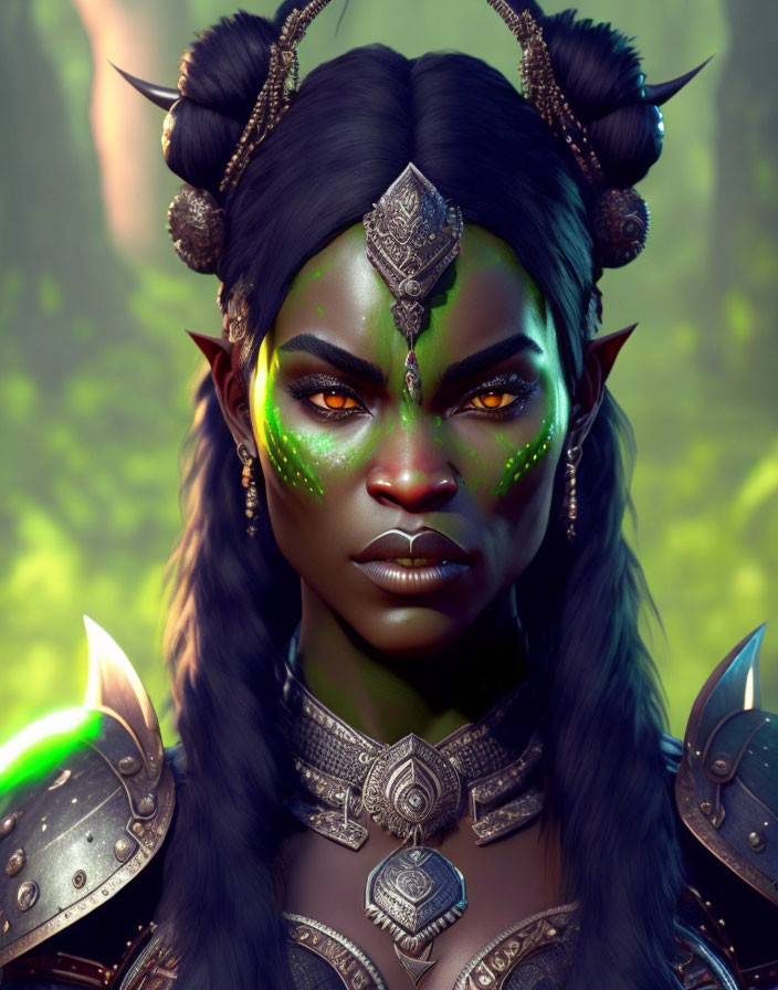 Dark-skinned fantasy character with glowing green eyes, intricate armor, and horned headwear.