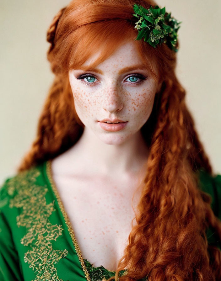 Red-haired woman in green dress with freckles and blue eyes.