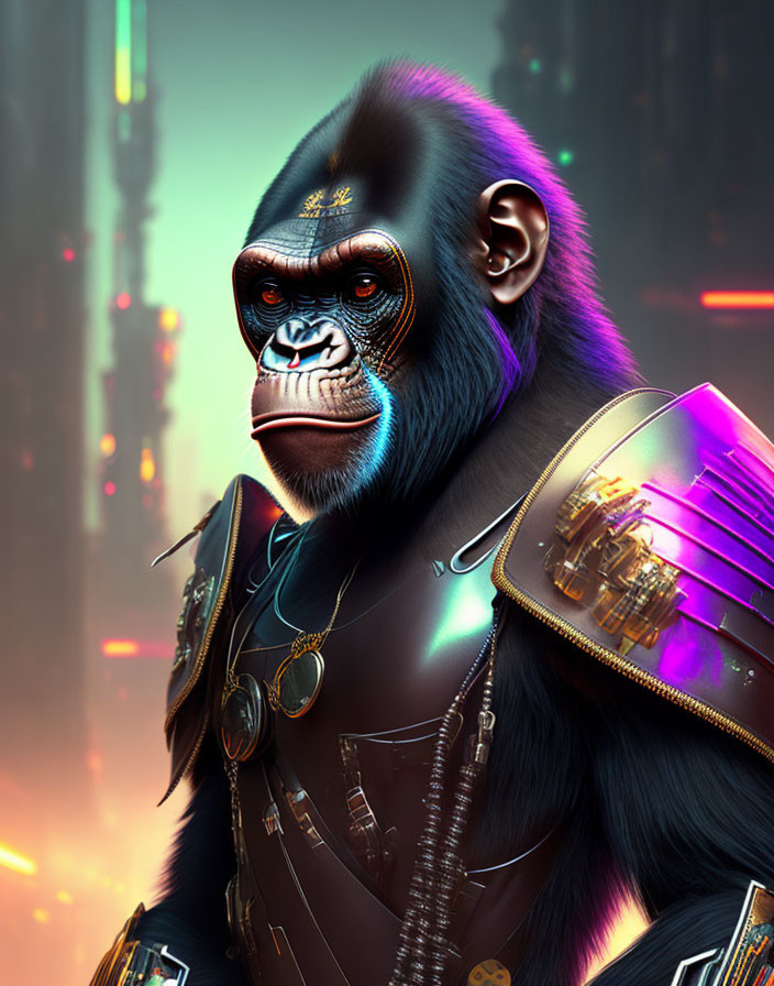 Detailed sci-fi gorilla illustration in futuristic cityscape