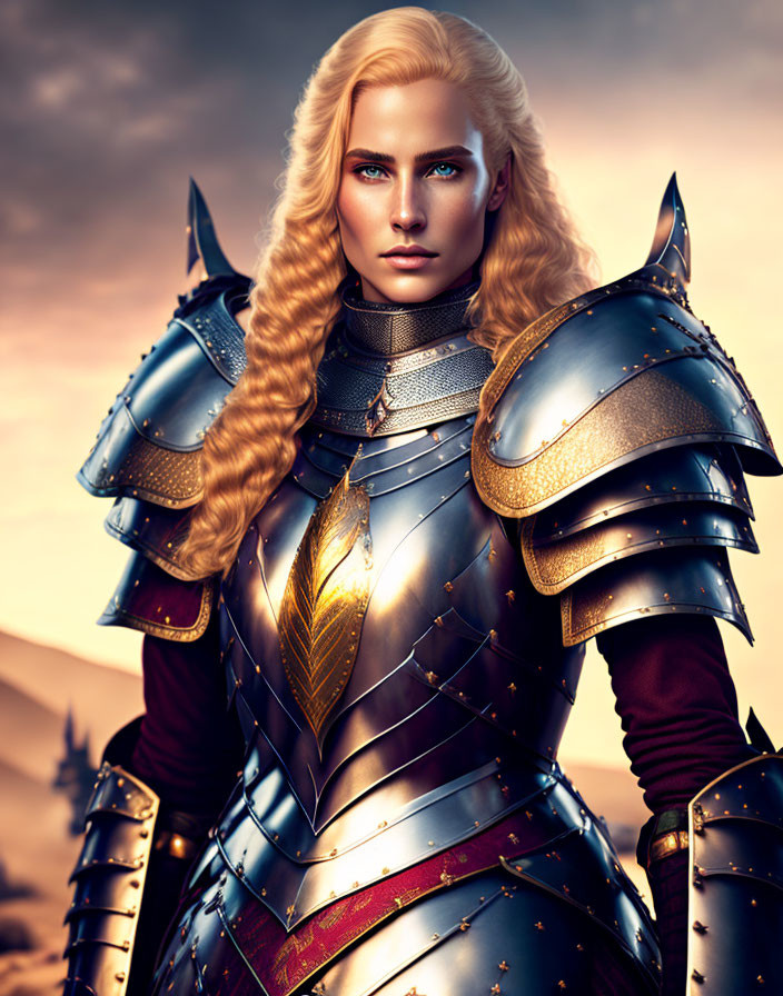 Blonde woman in metallic armor under dusky sky