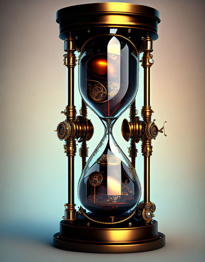 Intricate Steampunk Hourglass with Metallic Gears on Warm Background