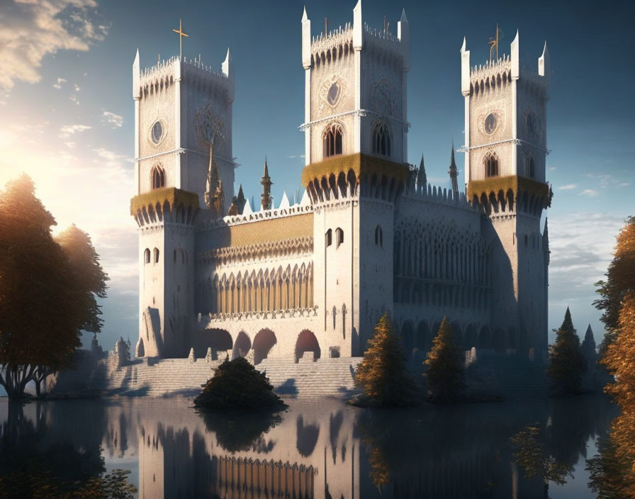 Twin-towered castle in sunlight, surrounded by trees near a lake