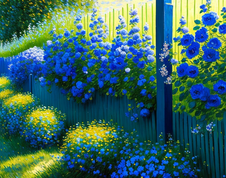 Colorful garden with blue and yellow flowers by teal fence