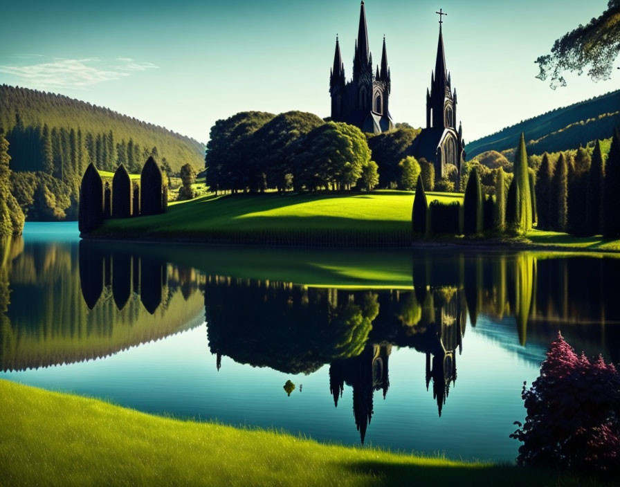 Tranquil lakeside landscape with gothic church reflection.