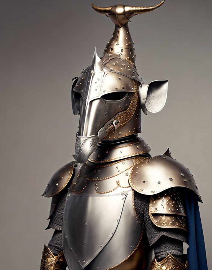 Medieval knight's armor on mannequin with blue cape