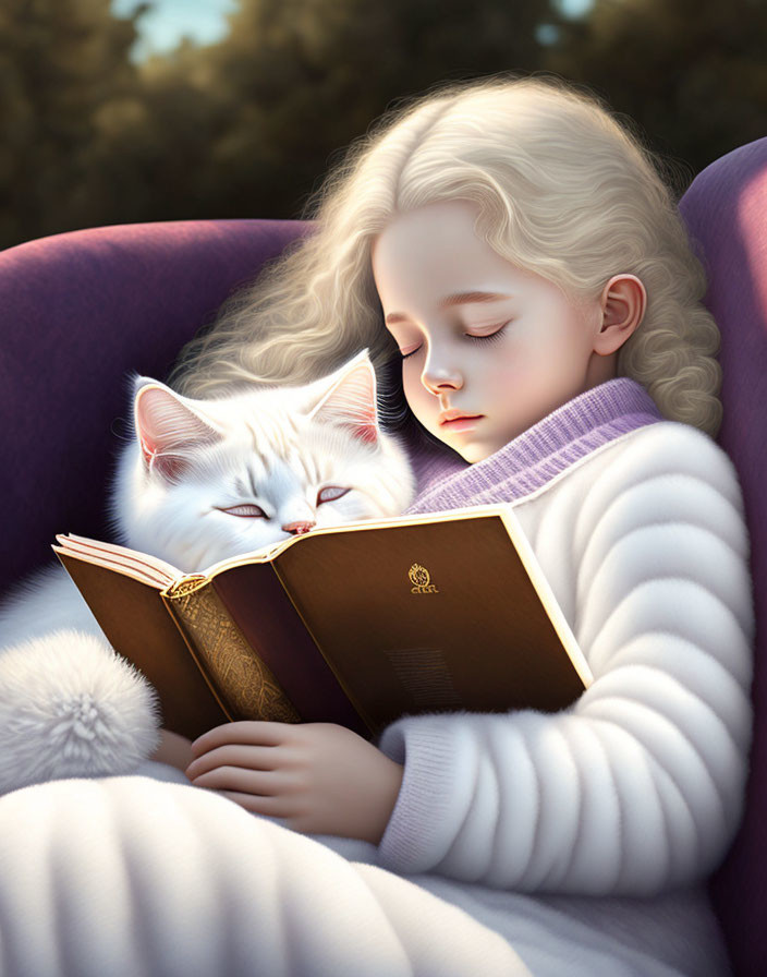 Curly Blond-Haired Girl Sleeping on Purple Couch with Cat