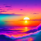 Colorful surreal sunset over ocean with large cresting wave