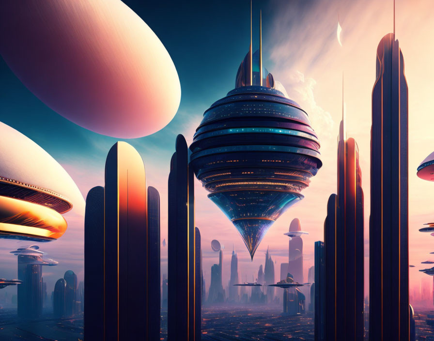 Futuristic cityscape with skyscrapers, flying vehicles, and neon lights