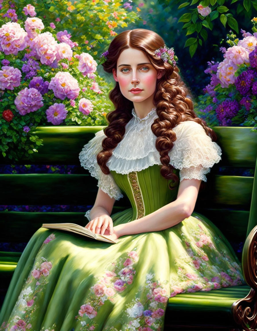 Woman with long brown hair in green dress sitting on bench surrounded by lush flowers and foliage