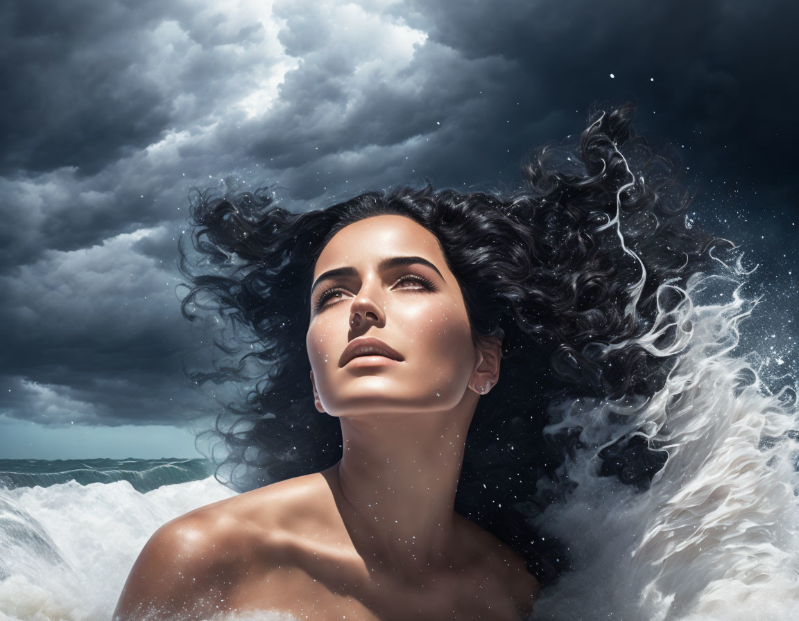 Dark-Haired Woman Merging with Stormy Sea Waves and Cloudy Sky