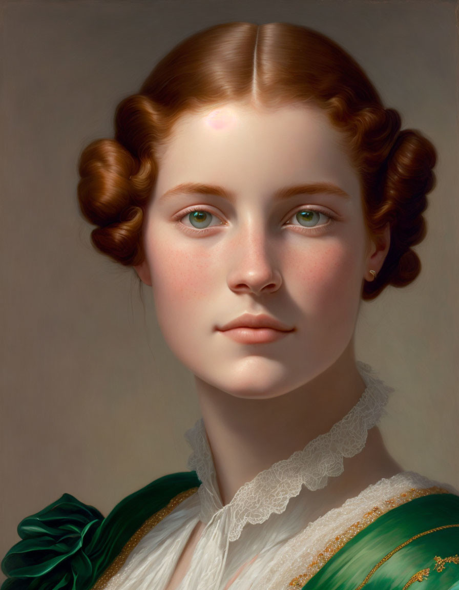 Young woman portrait with dark hair in braids, green eyes, white lace collar, and green dress