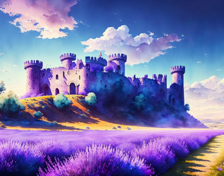 Medieval castle on hill with lavender fields under purple sky