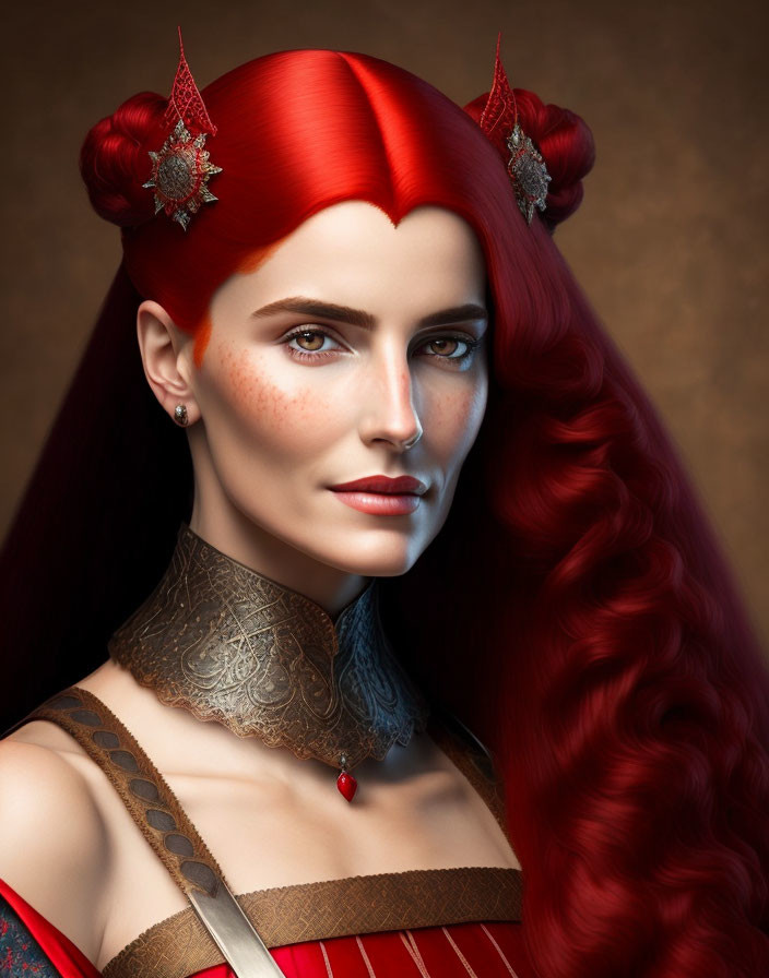 Vibrant red hair styled in buns with metallic shoulder piece