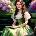 Woman with long brown hair in green dress sitting on bench surrounded by lush flowers and foliage