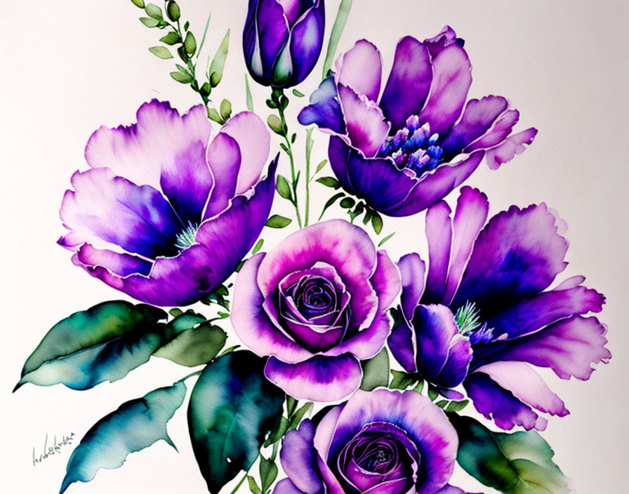 Purple Flowers Watercolor Painting with Shaded Petals and Green Leaves