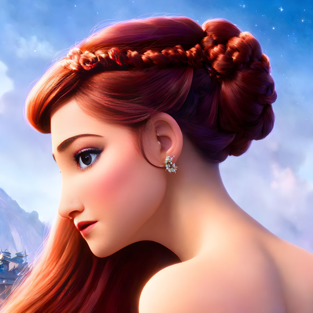 Close-up of animated female character with braided updo on sky-blue background.