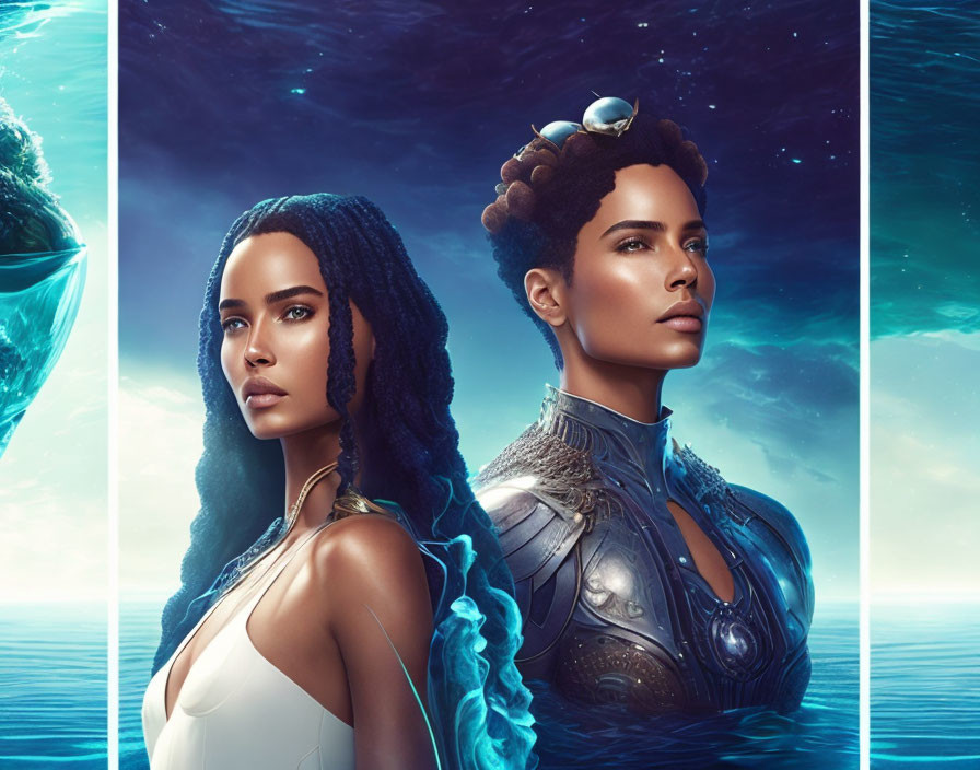 Two Women with Elaborate Hairstyles in Futuristic Attire Against Cosmic Backdrop