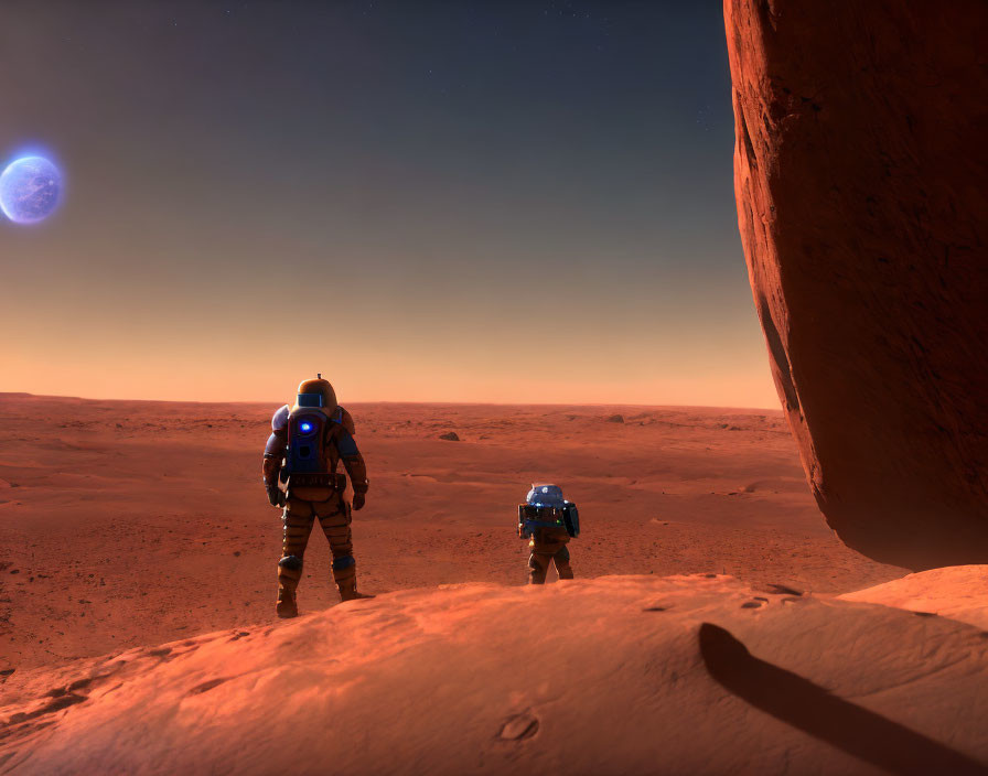 Astronauts exploring Mars-like terrain with large moon casting reddish hue