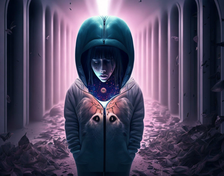 Surreal illustration of hooded figure with cosmic face and butterfly imagery in purple corridor