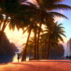 Tropical Beach Sunset with Silhouettes, Palm Trees & Waterfall