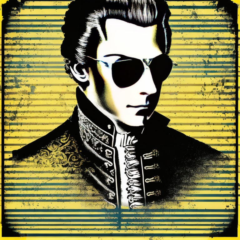 Pop art portrait of a man with slicked-back hair and sunglasses on striped yellow background