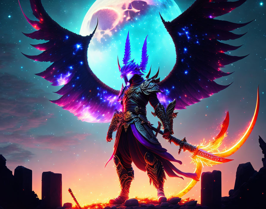 Armored warrior with wings under cosmic sky and celestial bodies