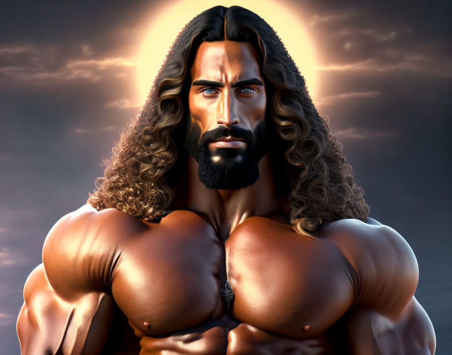 Muscular character with long hair and beard under dramatic sky.