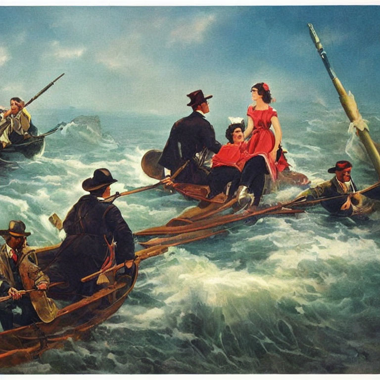 Vintage Artwork: Group in Rowboat on Tumultuous Sea