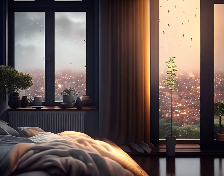 Cityscape View Bedroom Interior with Raindrop-Covered Window, Potted Plant, and Warm Lighting